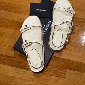 Kenneth Cole Cream Dual-Buckle Slide Sandals with Gold Accents